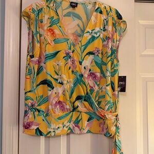 INC International Concepts Women's Floral Wrap Top - Yellow and Green